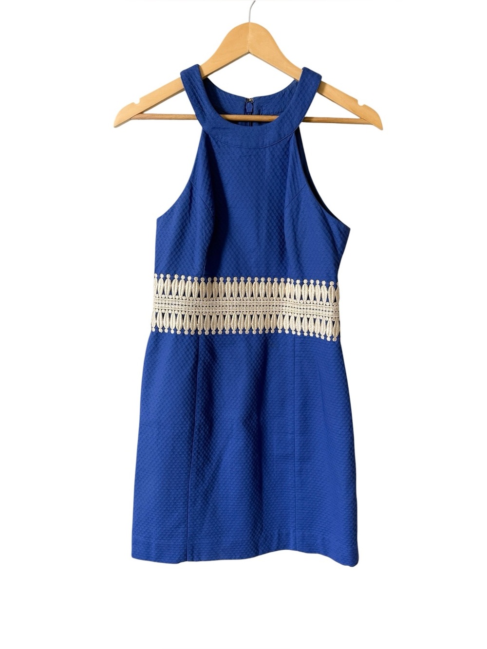 Lilly Pulitzer Blue Sleeveless Shift Dress White Embroidered Waist Size 0